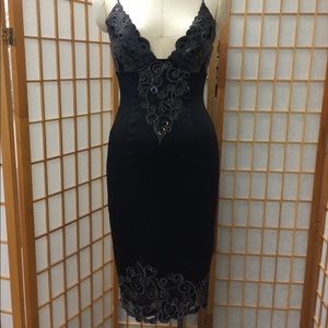 Like New Black Satin and Leather Cocktail Dress
